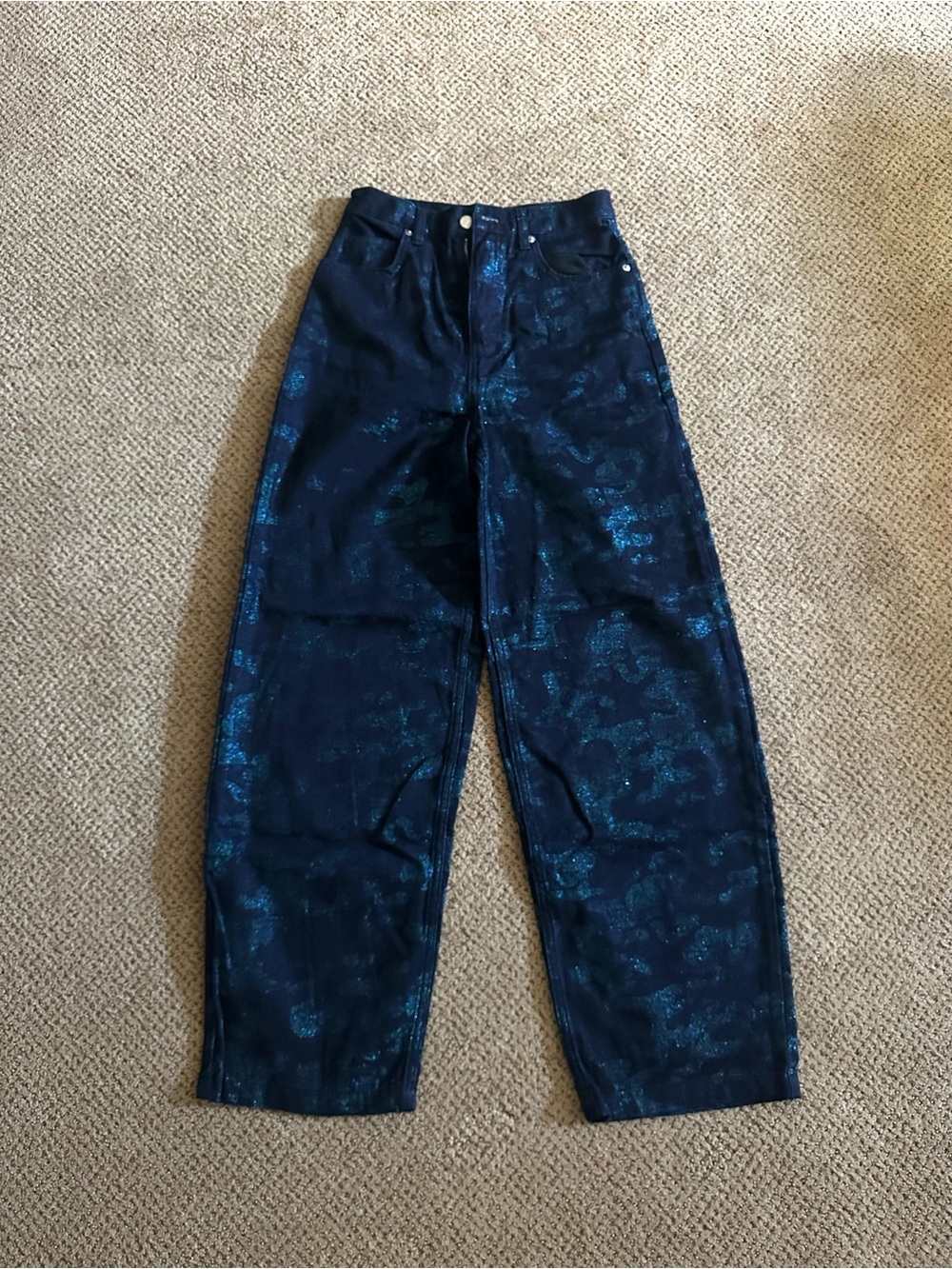 Topshop Navy Blue Print Shimmer Straight-Leg Baggy Denim Pants